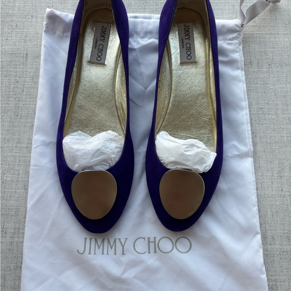 Jimmy Choo - Wray Sue Ballet Flats - Violet Suede Flats with Gold Accents 40.5